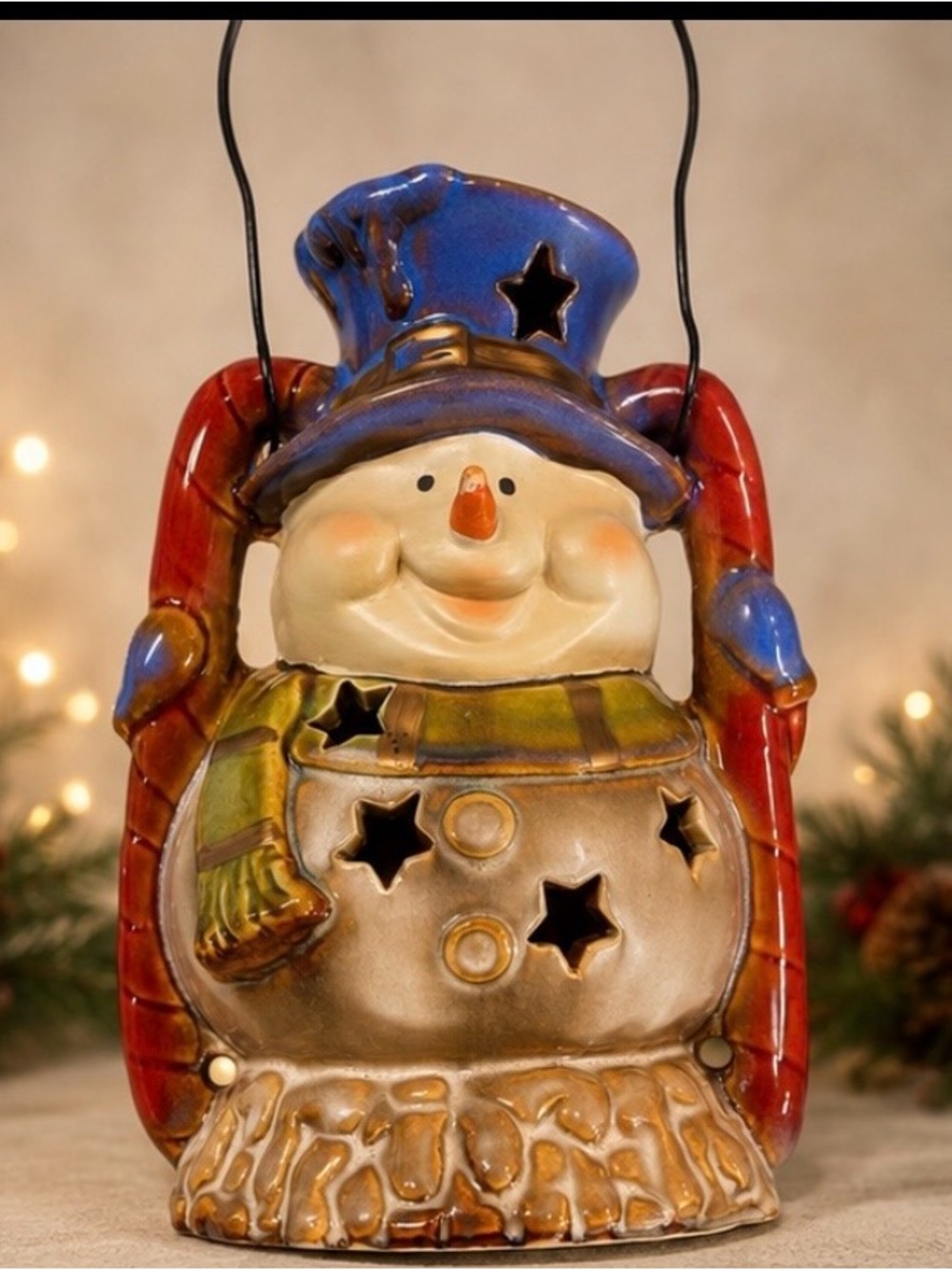 Ceramic Snowman Luminary Candle Holder Star Cutouts Wire Handle Christmas Decor